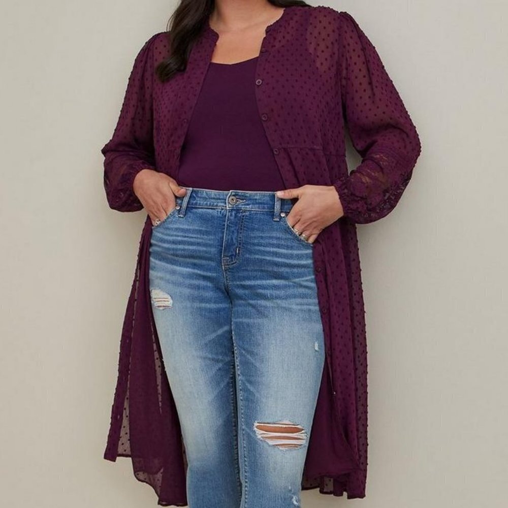 New! Wine Color Clip Dot Button Front Maxi Kimono